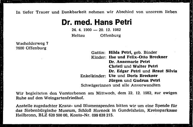 Petri Hans 1900-1982 Todesanzeige